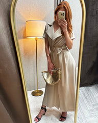 Elegantna Bež Midi Haljina sa Pojasom