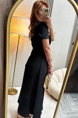 Elegantna Crna Midi Haljina sa Pojasom