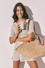 Bež kratka mrežasta tunika sa kapuljačom