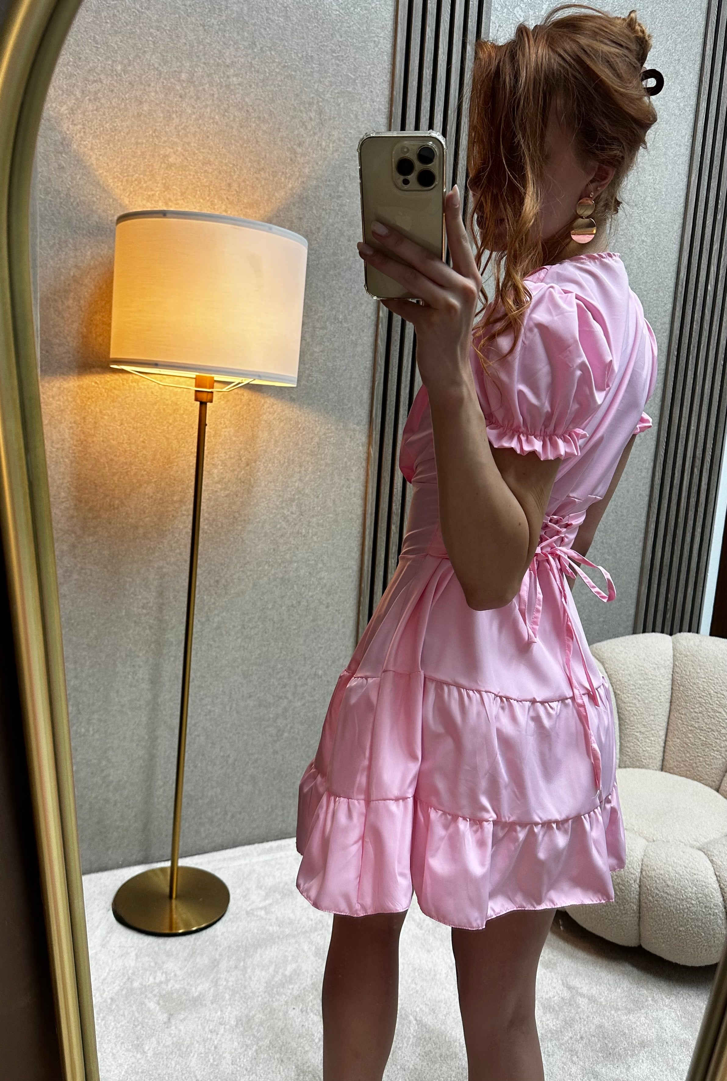 Roze Mini Haljina sa Puf Rukavima