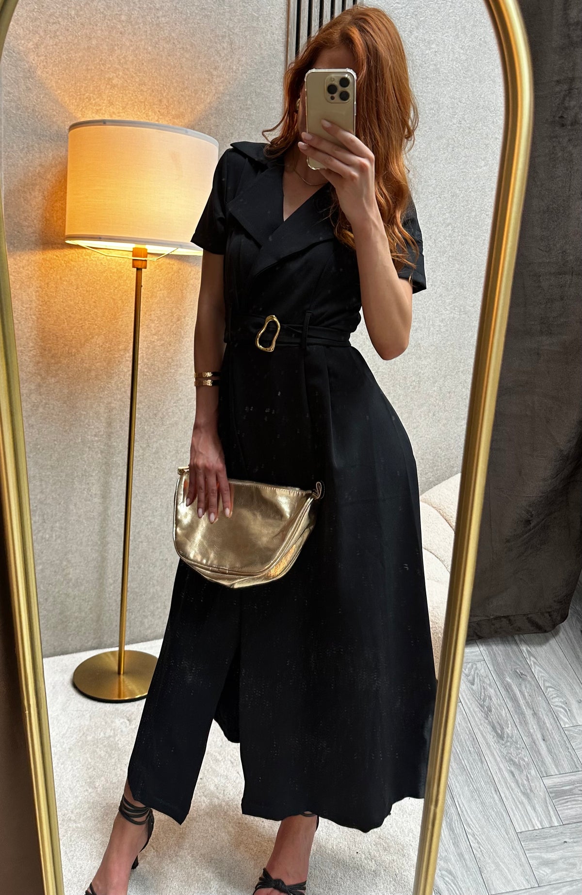 Elegantna Crna Midi Haljina sa Pojasom