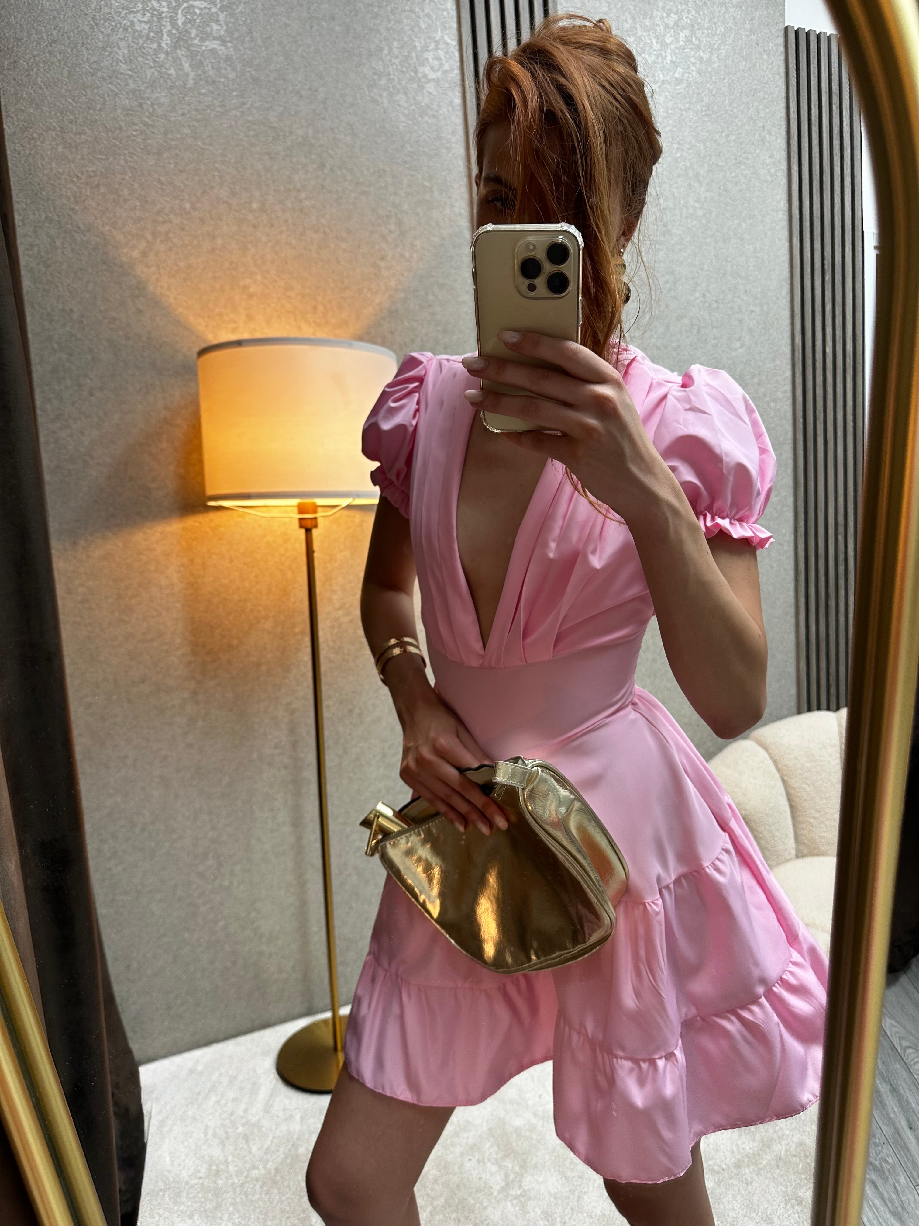 Roze Mini Haljina sa Puf Rukavima